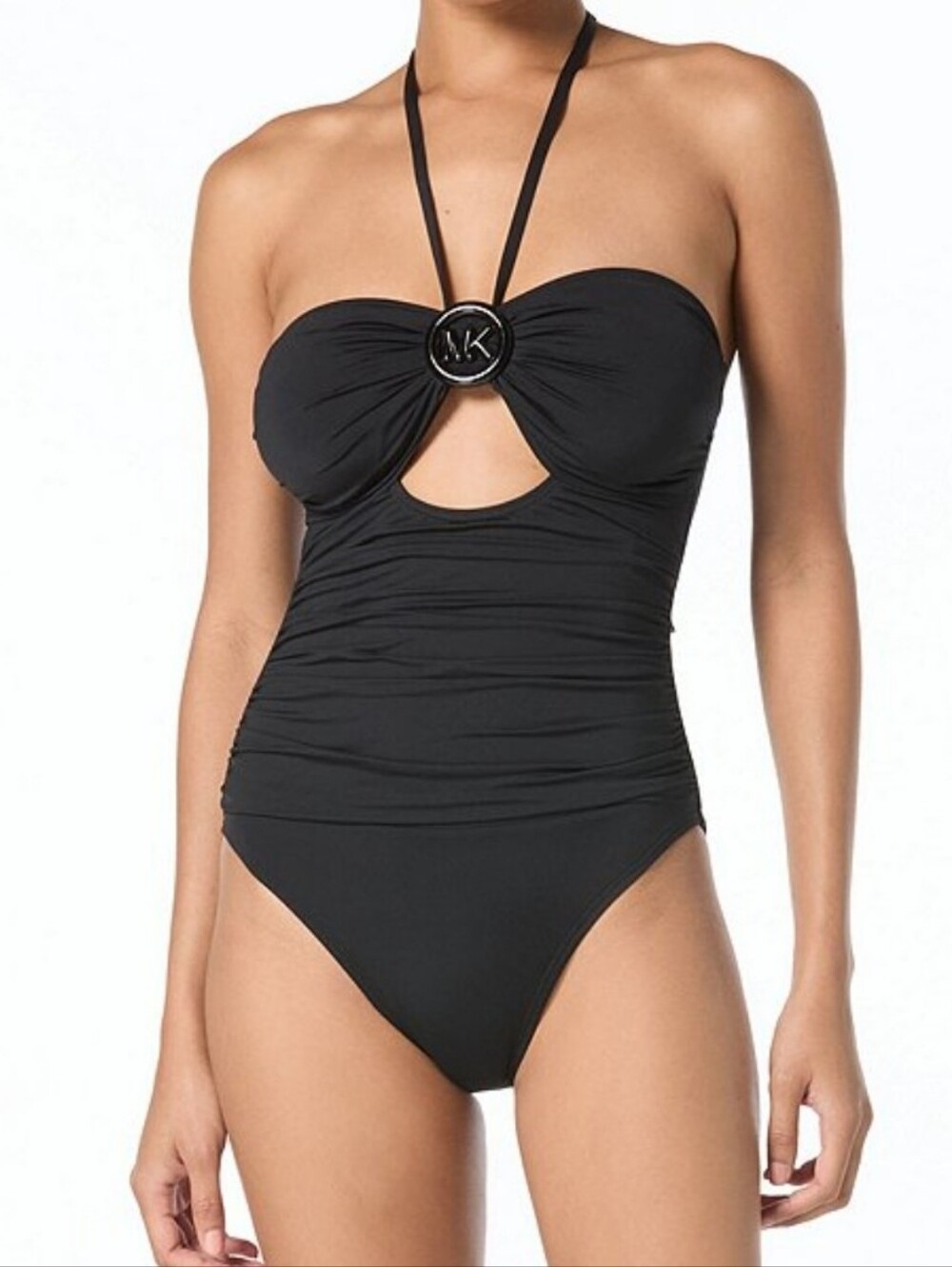 MICHAEL Michael Kors Shirred Halter Neck One Piece Swimsuit Black SIZE 12 NWT